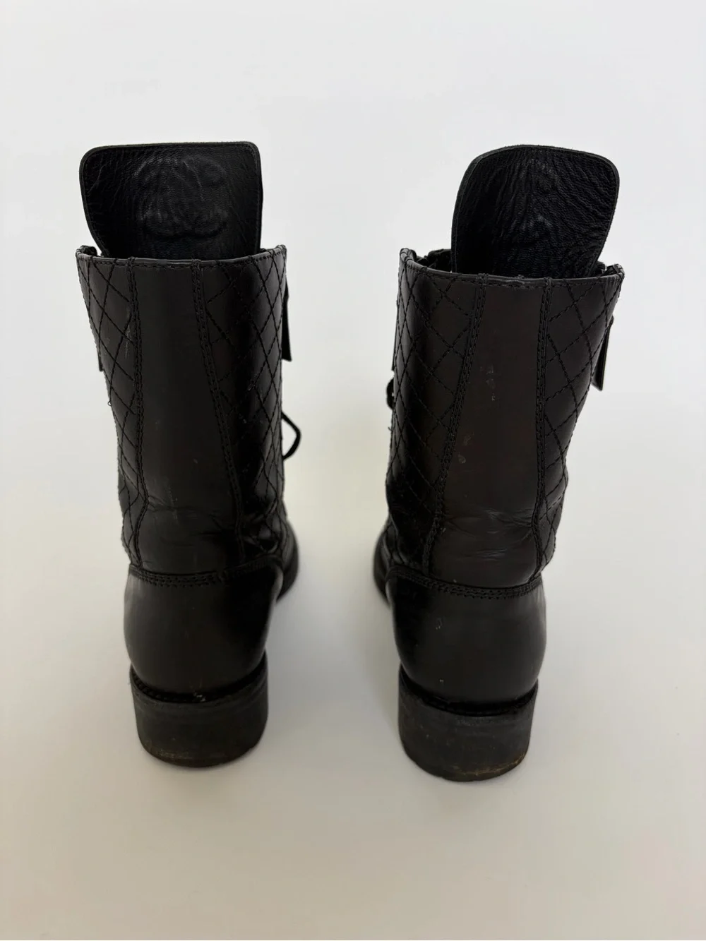 Chanel Iconic Logo Classic Calfskin Leather Diamond Stitch Combat Boots  size 37